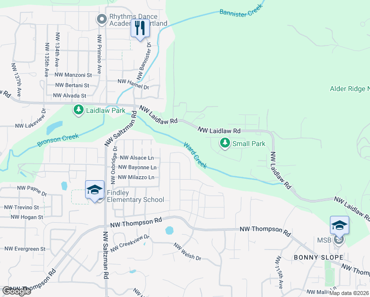 map of restaurants, bars, coffee shops, grocery stores, and more near 12445 Northwest Hiller Lane in Portland