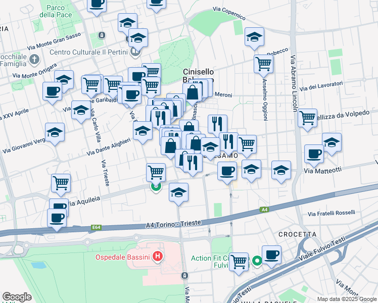 map of restaurants, bars, coffee shops, grocery stores, and more near 127 Viale Rinascita in Cinisello Balsamo