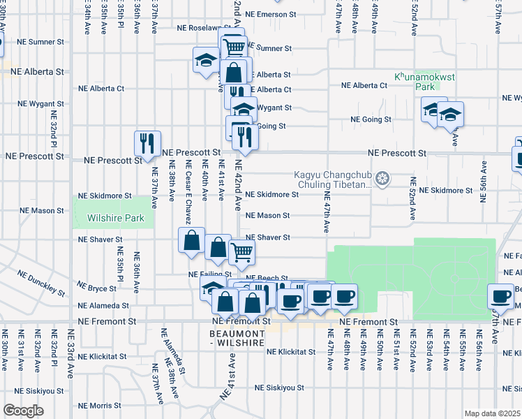 map of restaurants, bars, coffee shops, grocery stores, and more near 4310 Northeast Skidmore Street in Portland