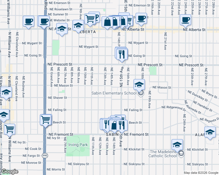 map of restaurants, bars, coffee shops, grocery stores, and more near 4115 Northeast 14th Avenue in Portland