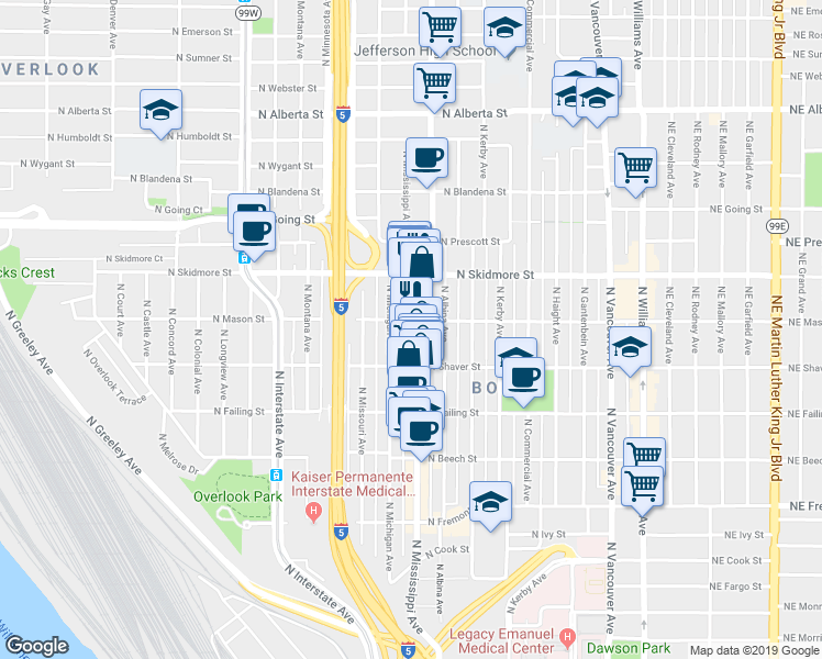 map of restaurants, bars, coffee shops, grocery stores, and more near in Portland