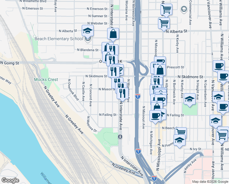 map of restaurants, bars, coffee shops, grocery stores, and more near 4104 North Massachusetts Avenue in Portland