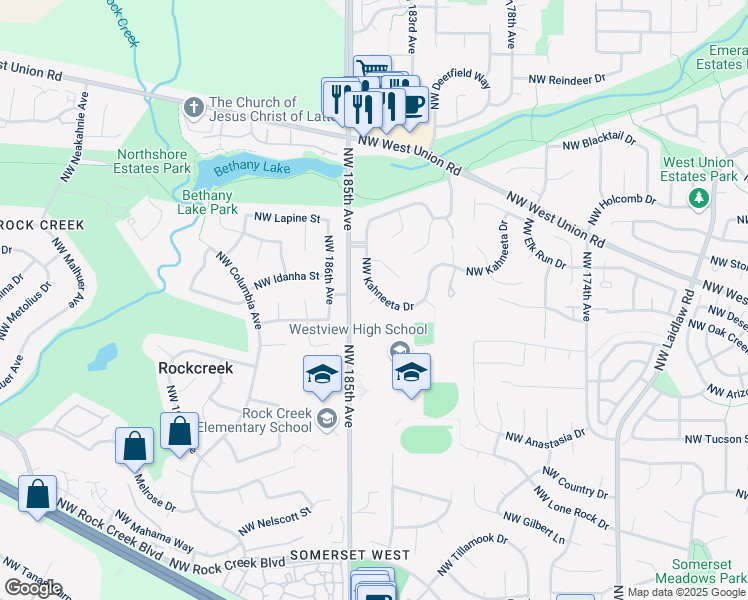 map of restaurants, bars, coffee shops, grocery stores, and more near 4750 Northwest Kahneeta Drive in Portland