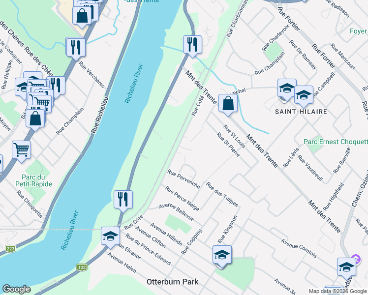 map of restaurants, bars, coffee shops, grocery stores, and more near 322 Rue des Vétérans in Mont-Saint-Hilaire