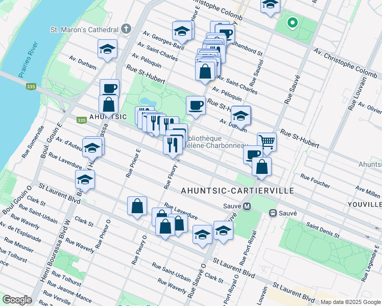 map of restaurants, bars, coffee shops, grocery stores, and more near 10200 Rue Lajeunesse in Montréal