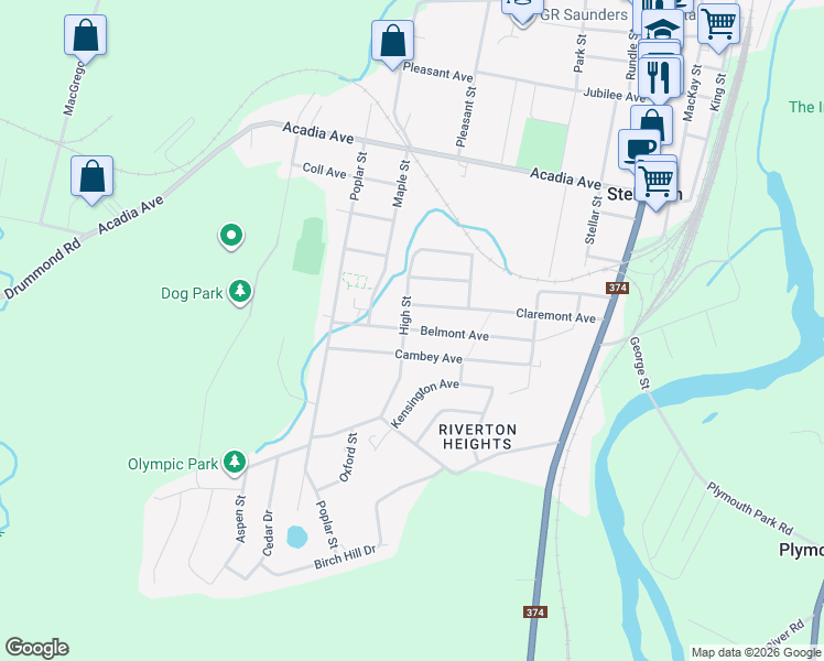 map of restaurants, bars, coffee shops, grocery stores, and more near Belmont Avenue in Stellarton