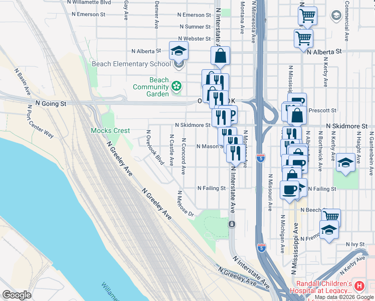 map of restaurants, bars, coffee shops, grocery stores, and more near 4064 North Concord Avenue in Portland