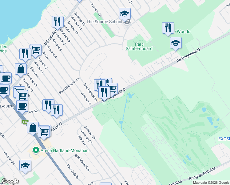 map of restaurants, bars, coffee shops, grocery stores, and more near 4705 Boulevard Dagenais Ouest in Laval