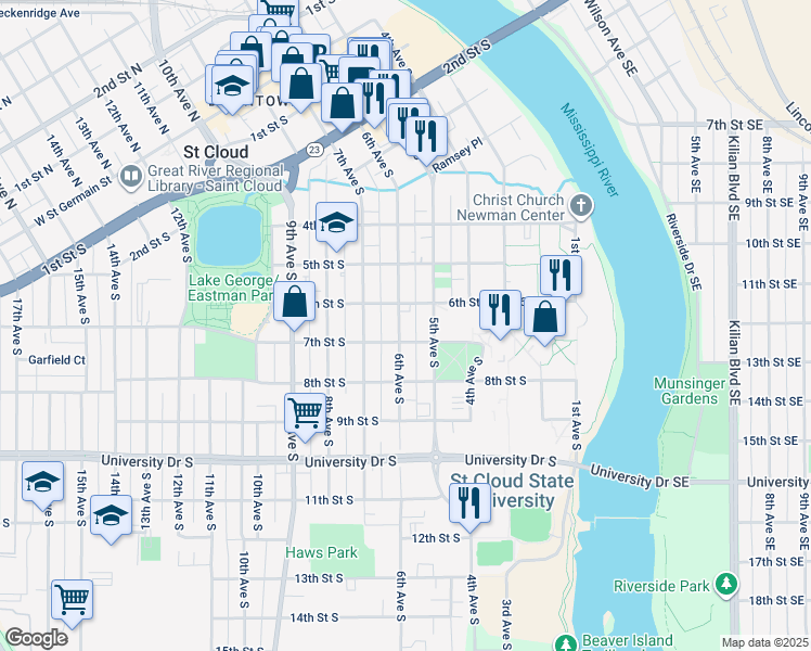 map of restaurants, bars, coffee shops, grocery stores, and more near 618 6th Avenue South in St. Cloud