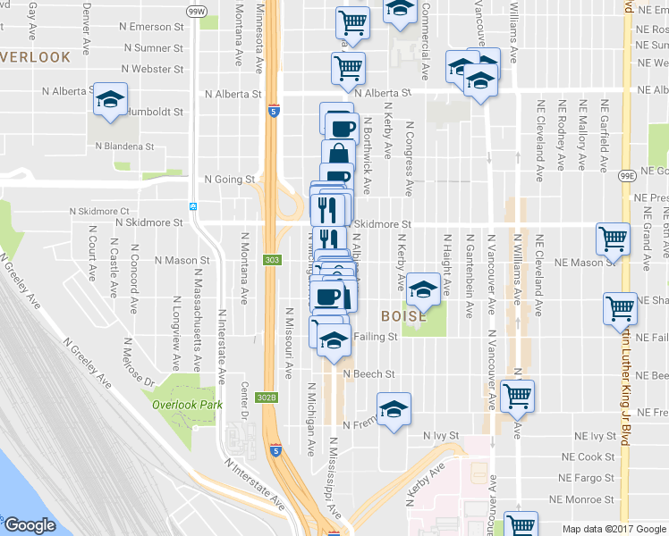 map of restaurants, bars, coffee shops, grocery stores, and more near 4057 North Mississippi Avenue in Portland