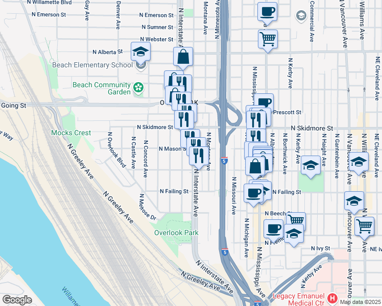 map of restaurants, bars, coffee shops, grocery stores, and more near 4104 North Massachusetts Avenue in Portland