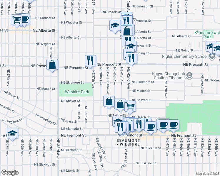map of restaurants, bars, coffee shops, grocery stores, and more near 3836 Northeast Skidmore Street in Portland