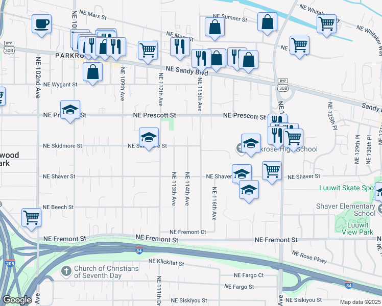 map of restaurants, bars, coffee shops, grocery stores, and more near 4216 Northeast 114th Avenue in Portland