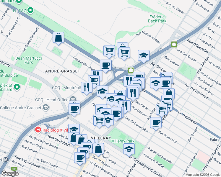 map of restaurants, bars, coffee shops, grocery stores, and more near Boulevard Crémazie Est in Montréal