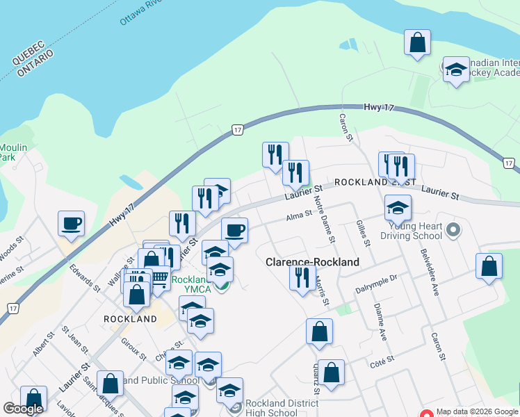 map of restaurants, bars, coffee shops, grocery stores, and more near 1255 Laurier Street in Clarence-Rockland