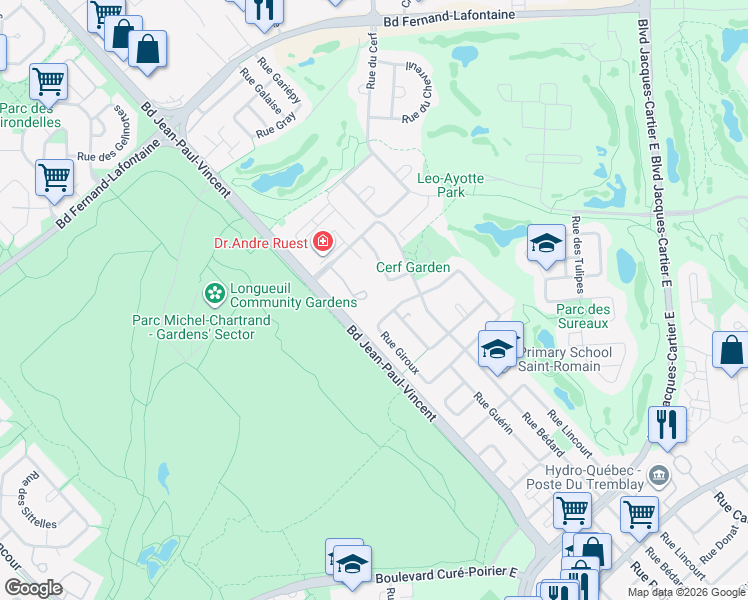 map of restaurants, bars, coffee shops, grocery stores, and more near 1896 Rue du Caribou in Longueuil