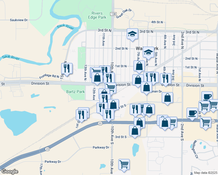 map of restaurants, bars, coffee shops, grocery stores, and more near 1001 Division Street in Waite Park