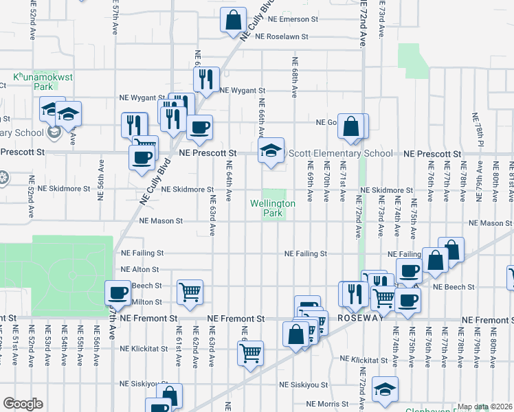map of restaurants, bars, coffee shops, grocery stores, and more near 4197 Northeast 66th Avenue in Portland
