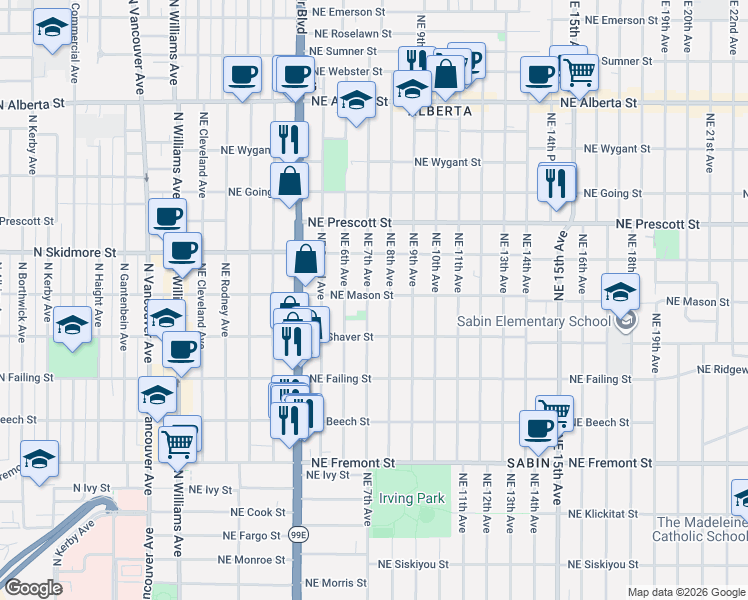 map of restaurants, bars, coffee shops, grocery stores, and more near 4074 Northeast 7th Avenue in Portland