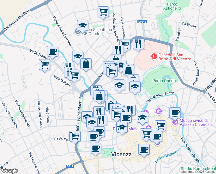map of restaurants, bars, coffee shops, grocery stores, and more near 4 Via Antonio Pacinotti in Vicenza
