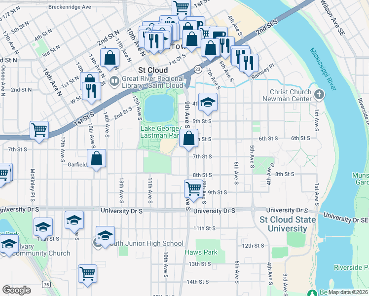 map of restaurants, bars, coffee shops, grocery stores, and more near 613 9th Avenue South in St. Cloud
