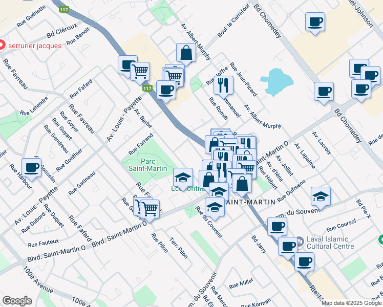 map of restaurants, bars, coffee shops, grocery stores, and more near 1860 Rue Robinson in Laval