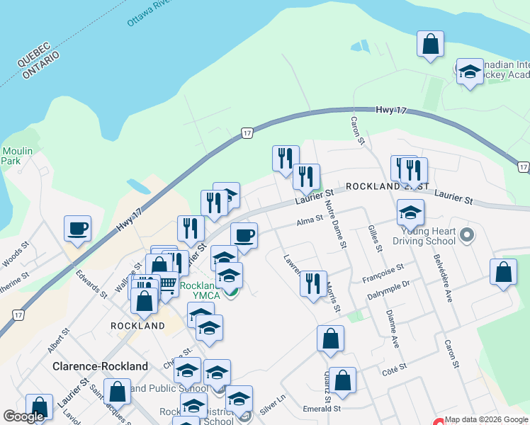 map of restaurants, bars, coffee shops, grocery stores, and more near 1255 Laurier Street in Clarence-Rockland