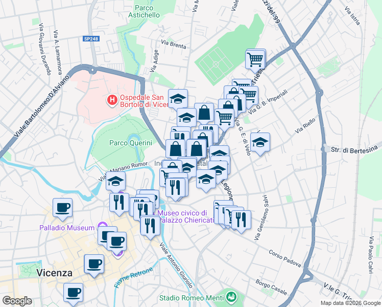 map of restaurants, bars, coffee shops, grocery stores, and more near 18 Contrà Mure Santa Lucia in Vicenza
