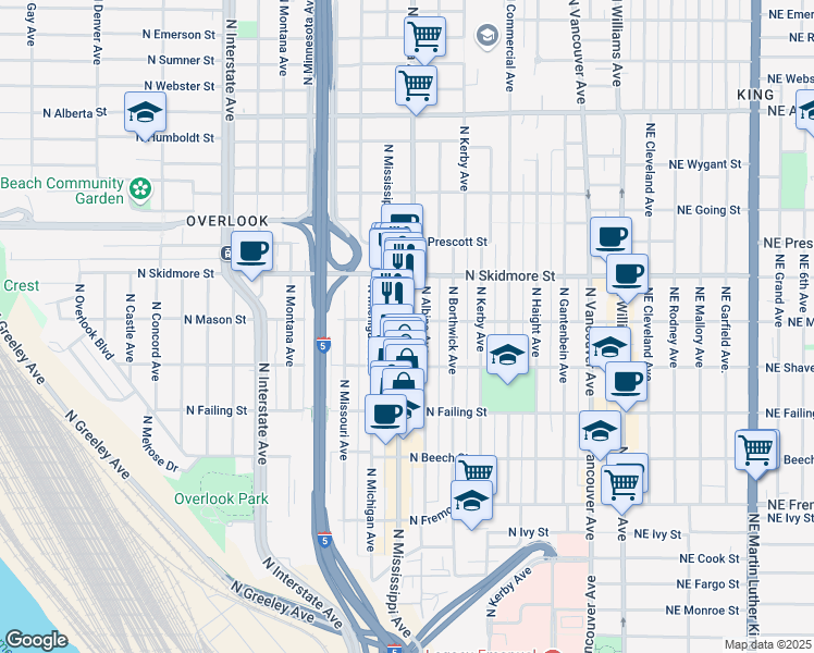 map of restaurants, bars, coffee shops, grocery stores, and more near 4220 North Mississippi Avenue in Portland