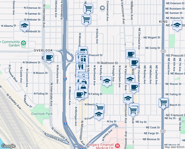 map of restaurants, bars, coffee shops, grocery stores, and more near 4220 North Mississippi Avenue in Portland