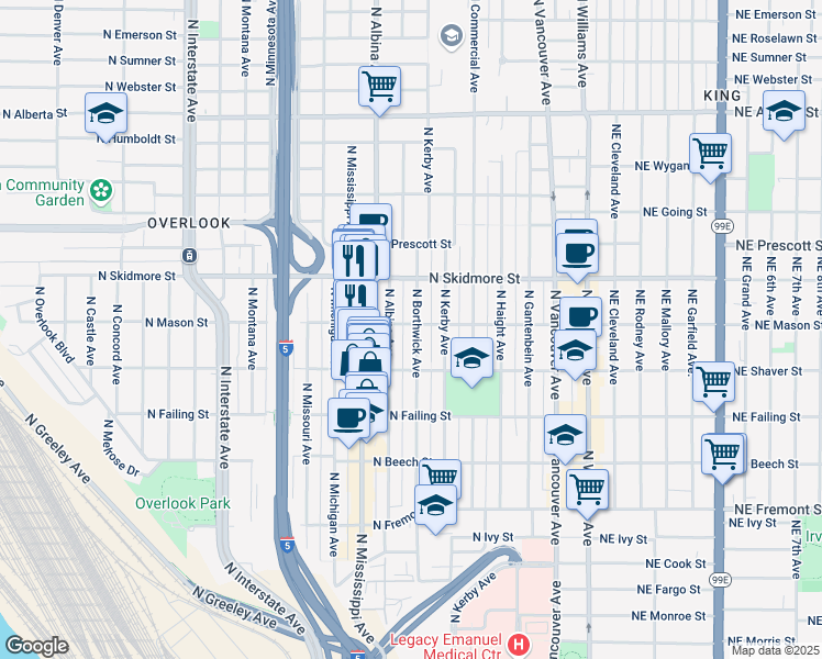 map of restaurants, bars, coffee shops, grocery stores, and more near 4106 North Borthwick Avenue in Portland