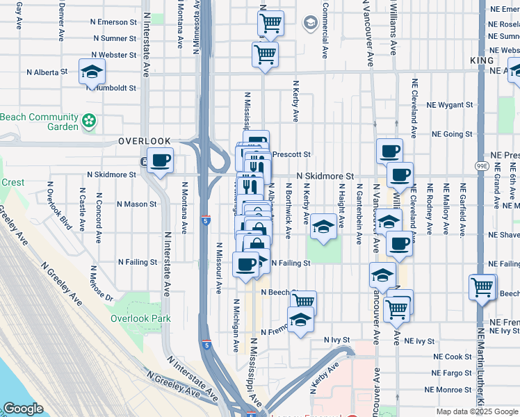 map of restaurants, bars, coffee shops, grocery stores, and more near 4220 North Mississippi Avenue in Portland