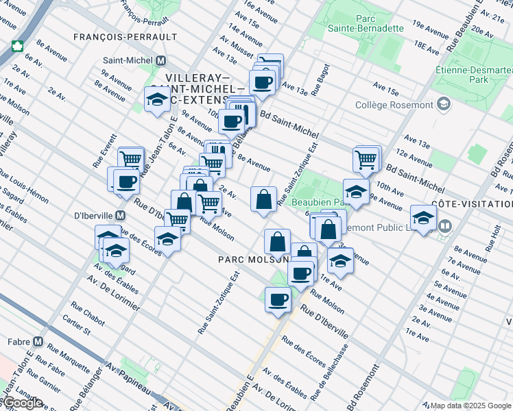 map of restaurants, bars, coffee shops, grocery stores, and more near 6739 2e Avenue in Montréal