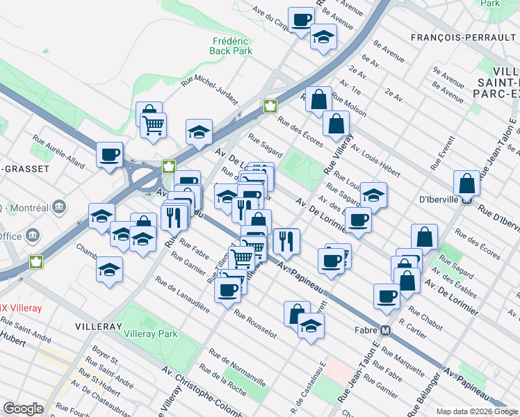 map of restaurants, bars, coffee shops, grocery stores, and more near 1962 Rue Tillemont in Montréal