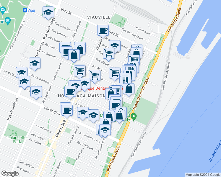map of restaurants, bars, coffee shops, grocery stores, and more near 4485 Rue Adam in Montréal