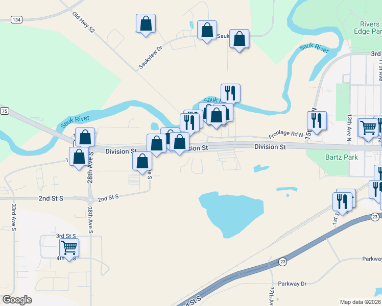 map of restaurants, bars, coffee shops, grocery stores, and more near 2220 Frontage Road South in Waite Park