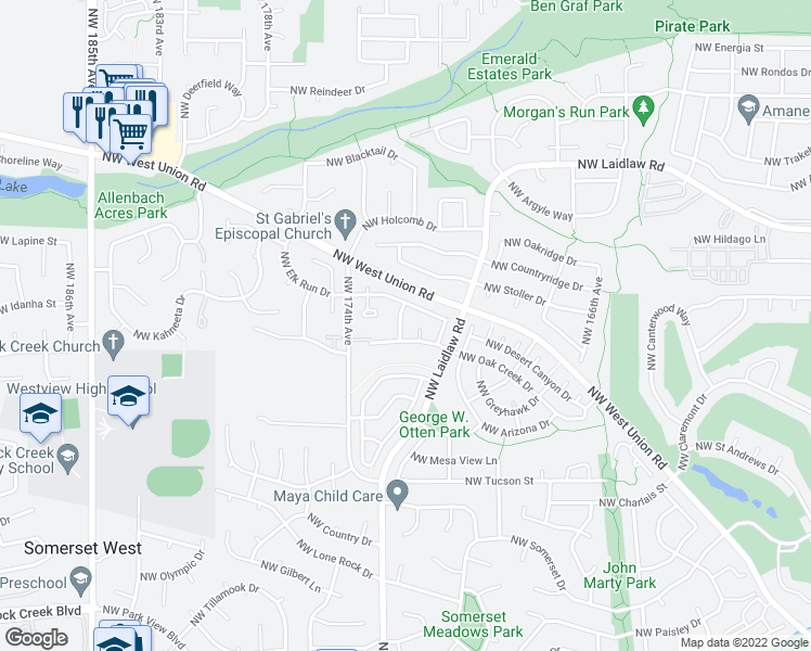 map of restaurants, bars, coffee shops, grocery stores, and more near 4656 Northwest Union Hills Terrace in Beaverton