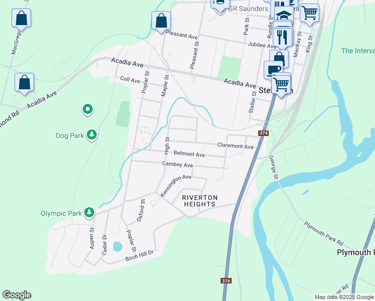 map of restaurants, bars, coffee shops, grocery stores, and more near 34 Belmont Avenue in Stellarton