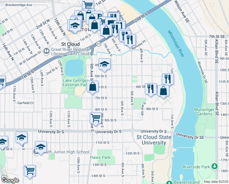 map of restaurants, bars, coffee shops, grocery stores, and more near 607 6th Avenue South in St. Cloud