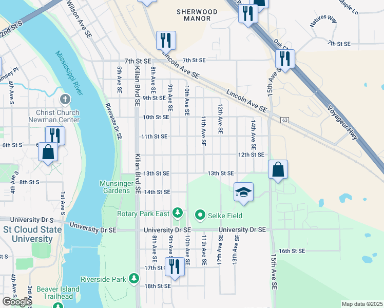 map of restaurants, bars, coffee shops, grocery stores, and more near 1005 12th Street Southeast in Saint Cloud