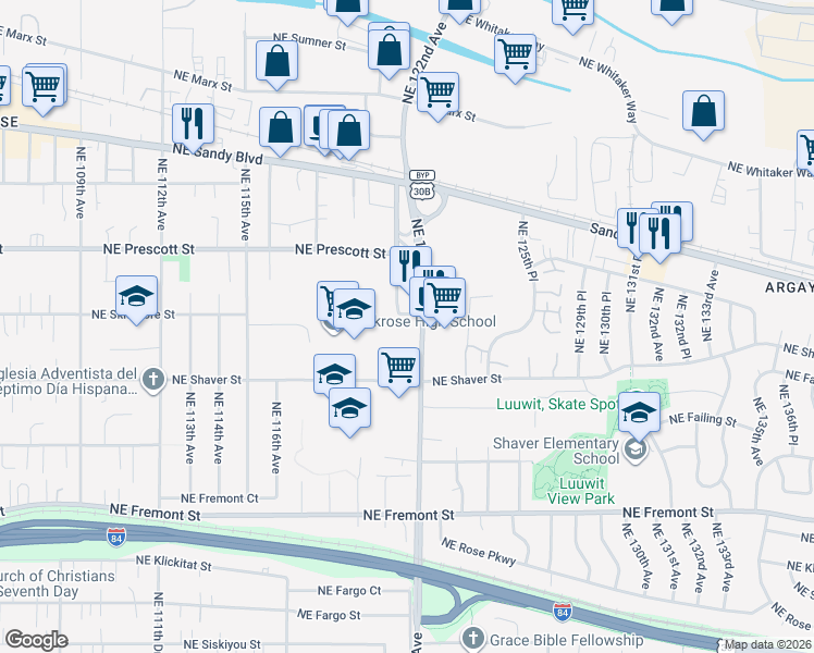 map of restaurants, bars, coffee shops, grocery stores, and more near 4229 Northeast 122nd Avenue in Portland