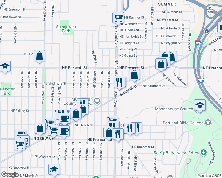 map of restaurants, bars, coffee shops, grocery stores, and more near 4214 Northeast 81st Avenue in Portland