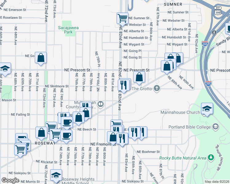 map of restaurants, bars, coffee shops, grocery stores, and more near 4214 Northeast 81st Avenue in Portland