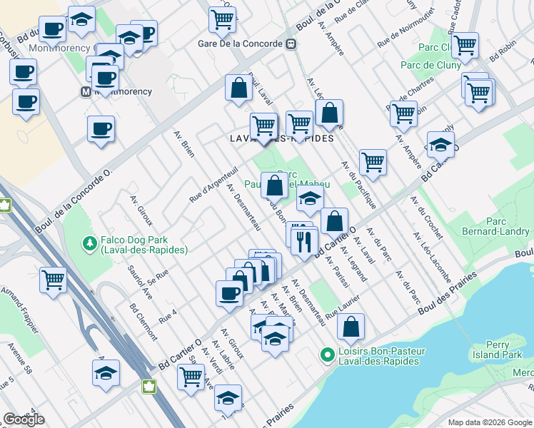 map of restaurants, bars, coffee shops, grocery stores, and more near 201 Avenue Michaud in Laval