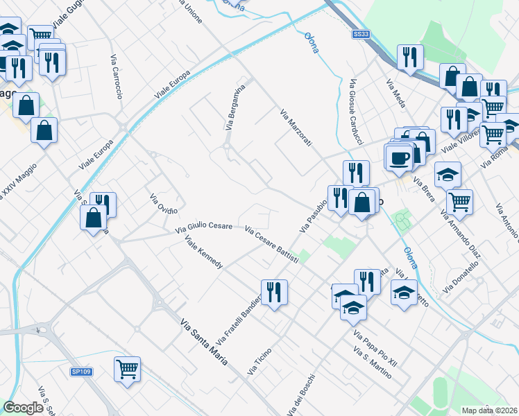 map of restaurants, bars, coffee shops, grocery stores, and more near 13 Via Fratelli di Dio in Nerviano