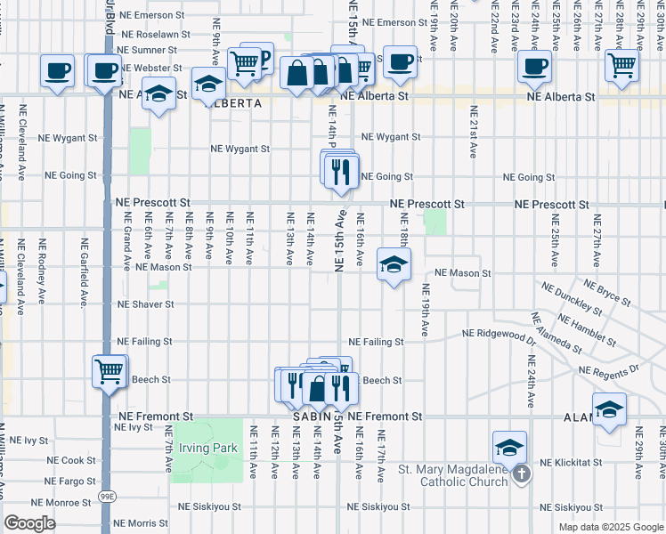 map of restaurants, bars, coffee shops, grocery stores, and more near 4105 Northeast 15th Avenue in Portland