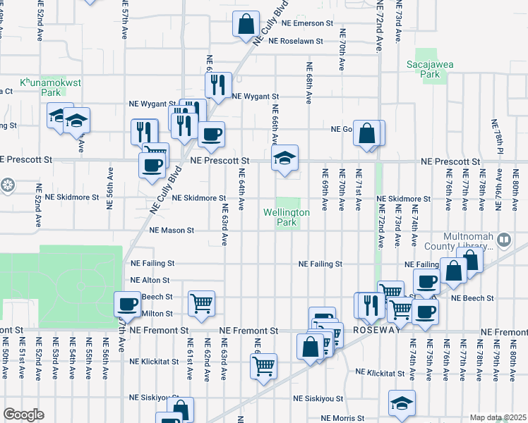 map of restaurants, bars, coffee shops, grocery stores, and more near 4219 Northeast 65th Avenue in Portland