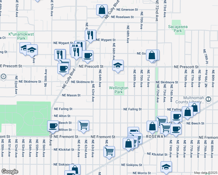 map of restaurants, bars, coffee shops, grocery stores, and more near 4219 Northeast 65th Avenue in Portland