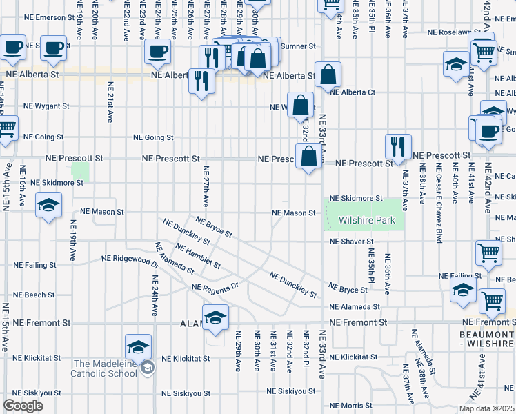 map of restaurants, bars, coffee shops, grocery stores, and more near 4123 Northeast 31st Avenue in Portland