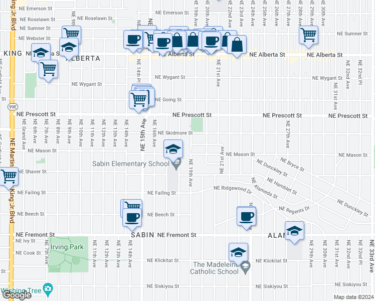 map of restaurants, bars, coffee shops, grocery stores, and more near 4130 Northeast 19th Avenue in Portland